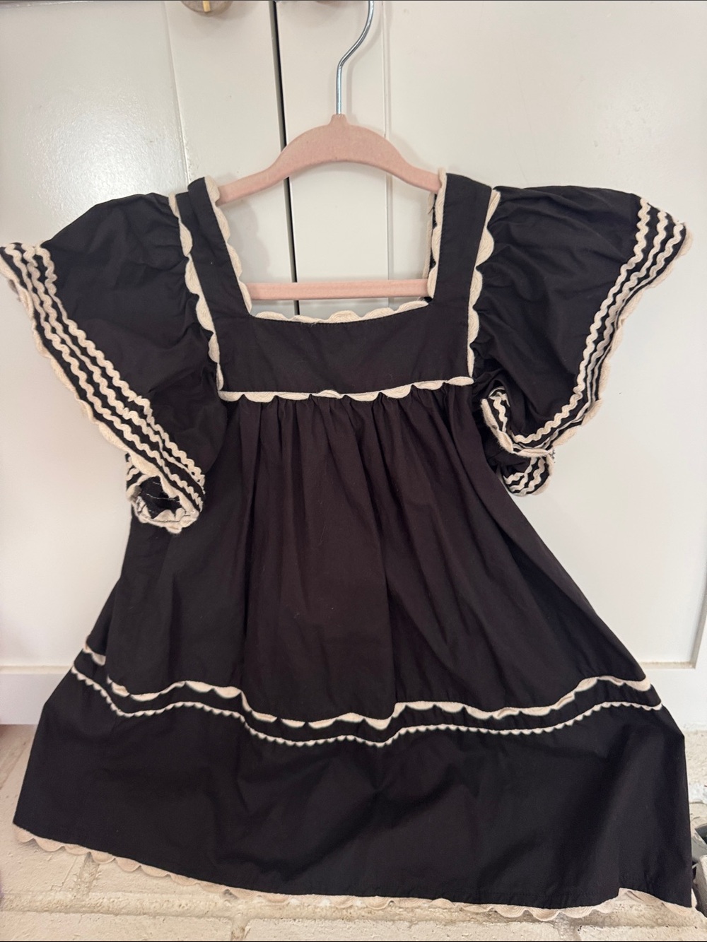Zara Black Dress with Cream Trim - Puff Sleeve Square Neck
